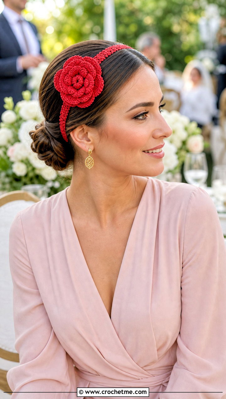 Single Camellia Elastic Crochet Headband With Wedding Guest Outfit - 15 crochet flower headband with elastic outfit ideas