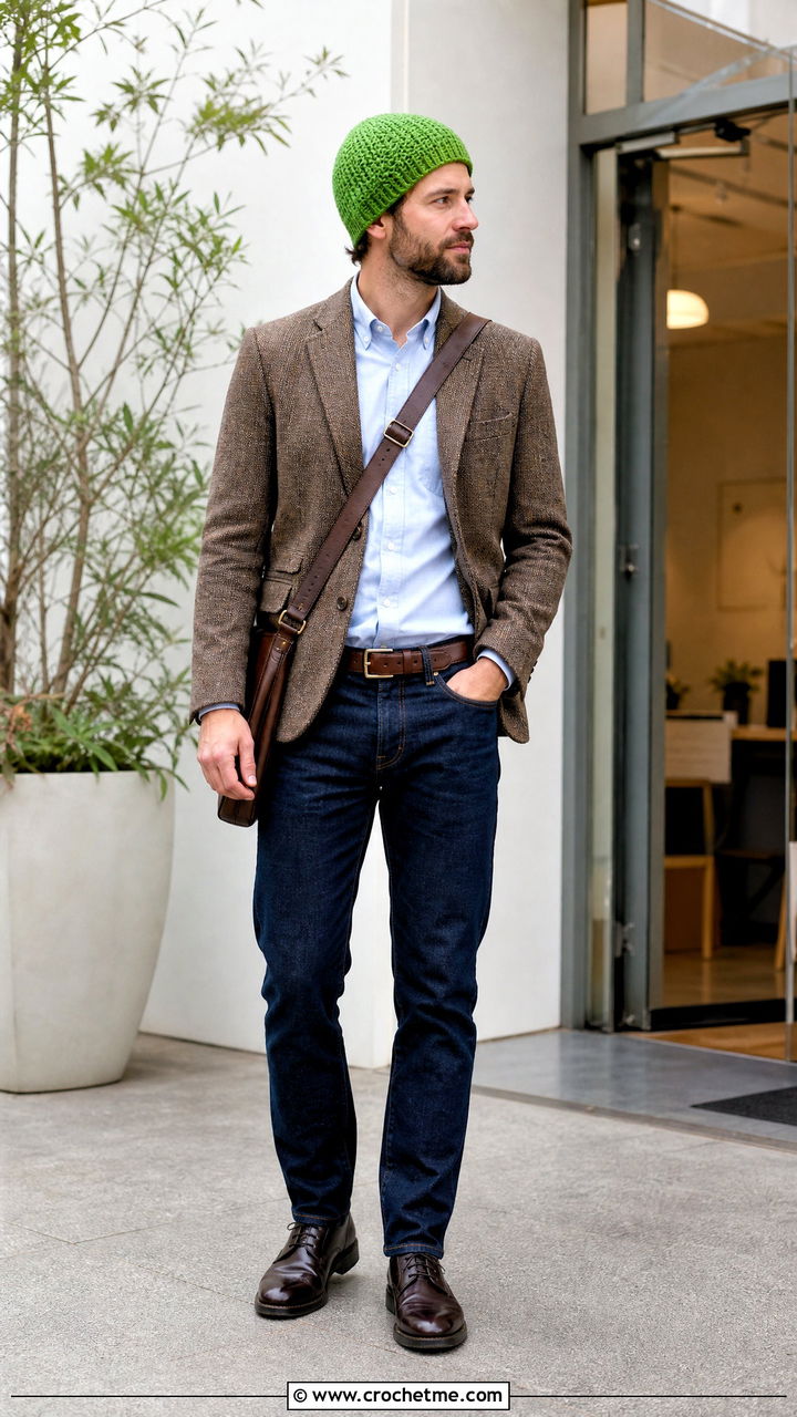 Single Crochet Beanie With Denim And Blazer - 35 men's crochet beanie outfit ideas