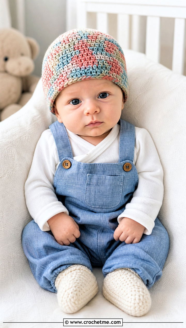 Single Crochet Beanie With Denim Look Romper - 25 premie crochet beanie outfit ideas
