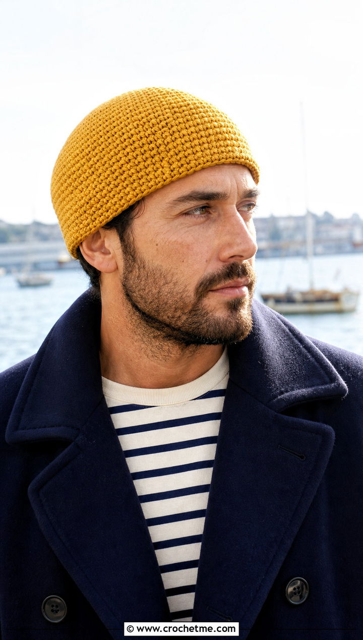Single Crochet Beanie With Peacoat - 30 crochet man beanie outfit ideas