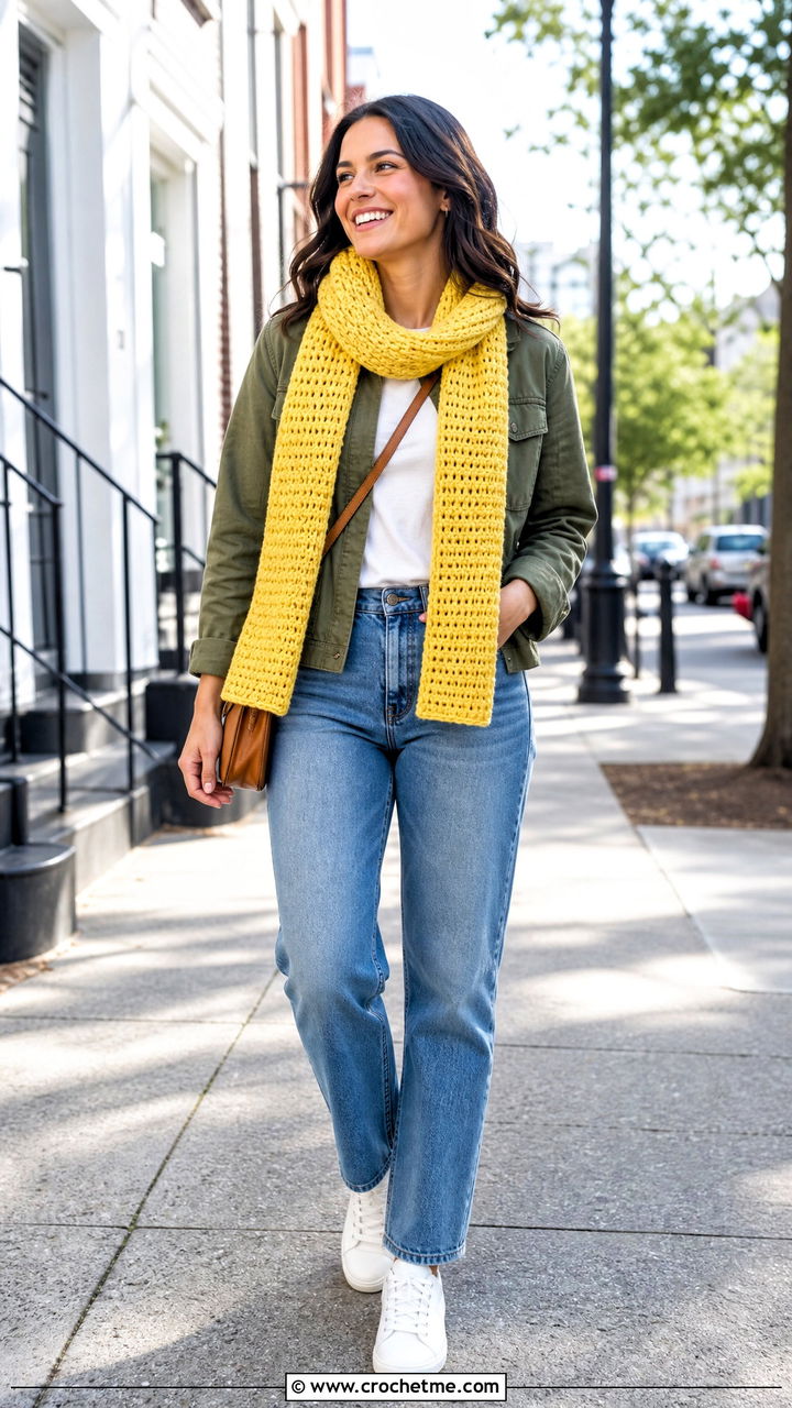 Single Crochet Rectangular Scarf With Straight Leg Jeans - 35 beginner crochet scarf outfit ideas