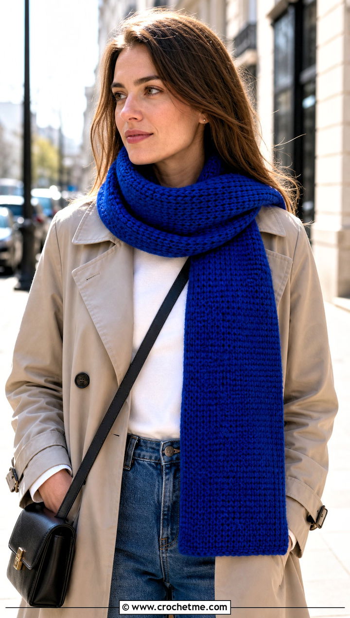 Single Crochet Scarf With Trench Coat - 20 Beginner Crochet Projects Scarf outfit ideas