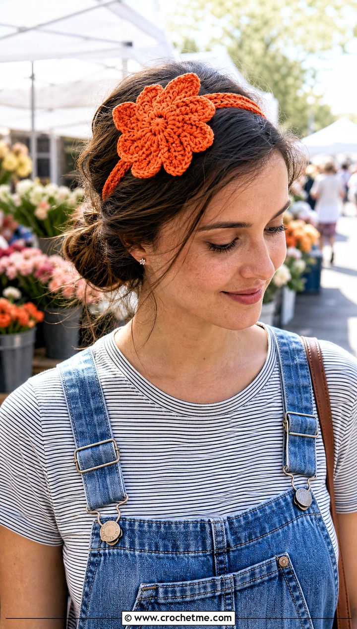 Single Daisy Tie Headband With Denim Overalls - 25 Crochet Daisy Headband outfit ideas