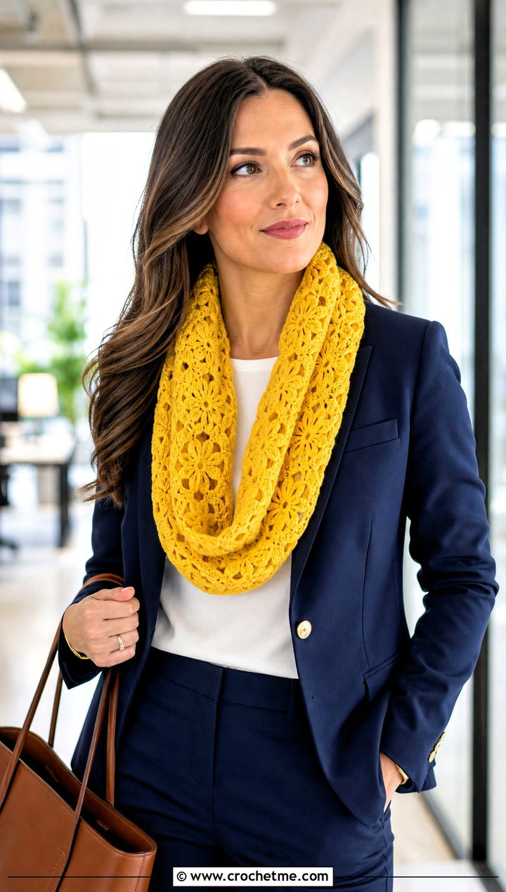 Single Loop Bellflower Infinity Crochet Scarf With Tailored Suit - 15 bellflower infinity crochet scarf outfit ideas
