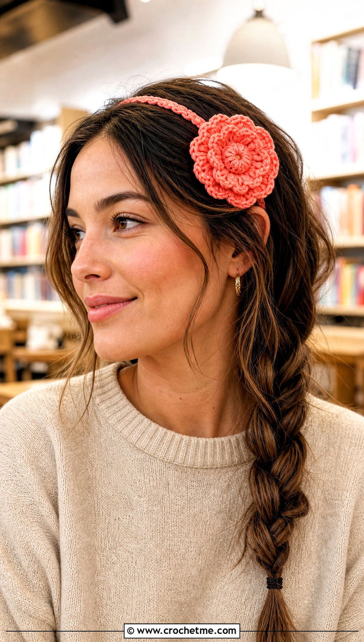 Single Puff Flower Headband With Casual Sweater Outfit - 25 crochet puff flower headband outfit ideas