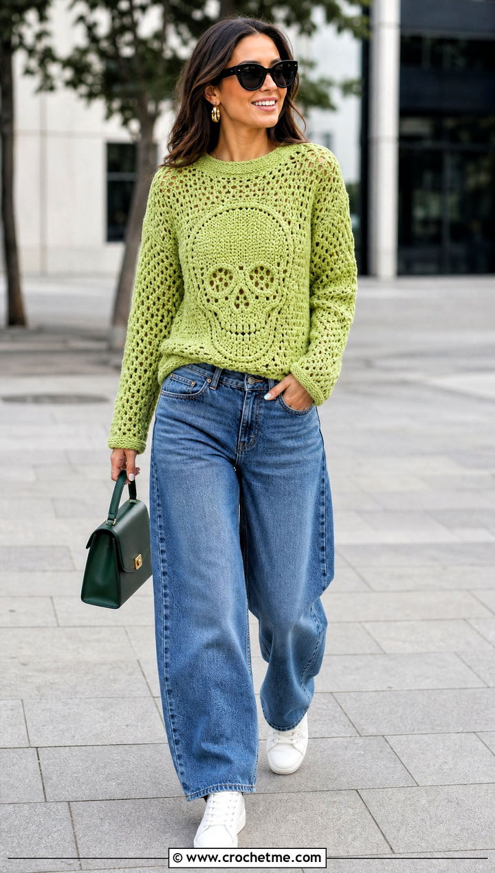 Single Skull Crochet Sweater With Barrel Jeans - 35 crochet skull sweater outfit ideas