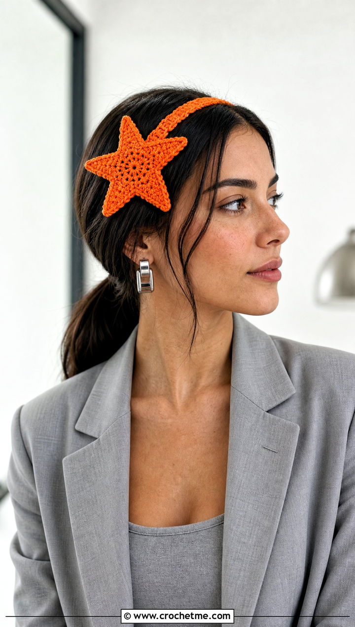 Single Star Crochet Headband With Monochrome Suit - 25 crochet star headband outfit ideas