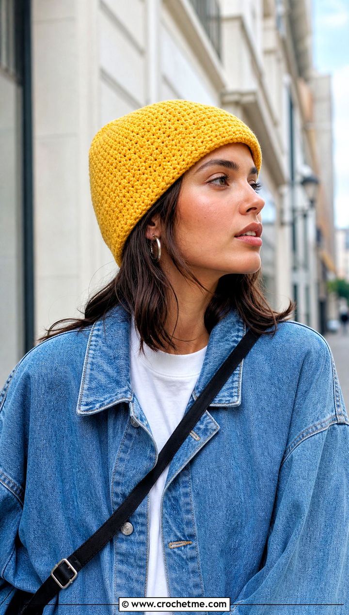 Single Stitch Crochet Beanie With Denim Jacket - 15 Single Stitch Crochet Hat outfit ideas