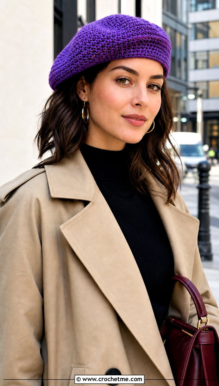 Single Stitch Crochet Beret With Trench Coat - 15 Single Stitch Crochet Hat outfit ideas