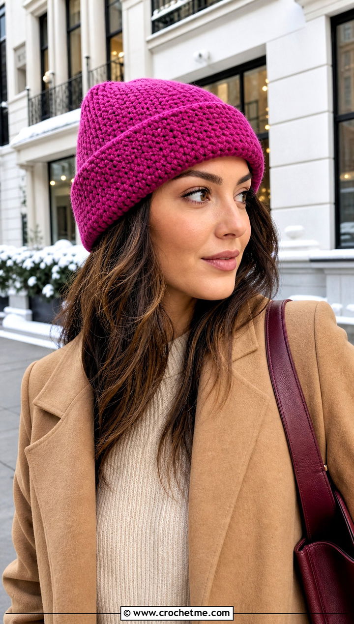 Single Stitch Crochet Cuffed Beanie With Wool Coat - 15 Single Stitch Crochet Hat outfit ideas