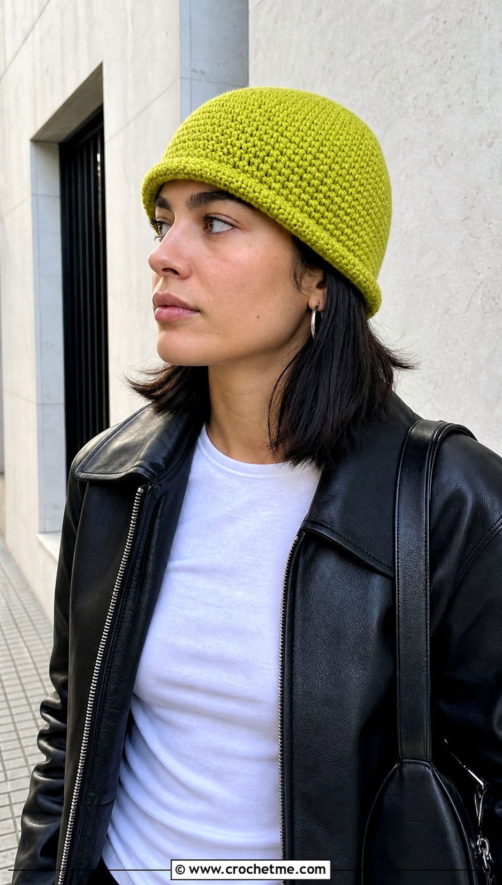 Single Stitch Crochet Fisherman Beanie With Leather Jacket - 15 Single Stitch Crochet Hat outfit ideas