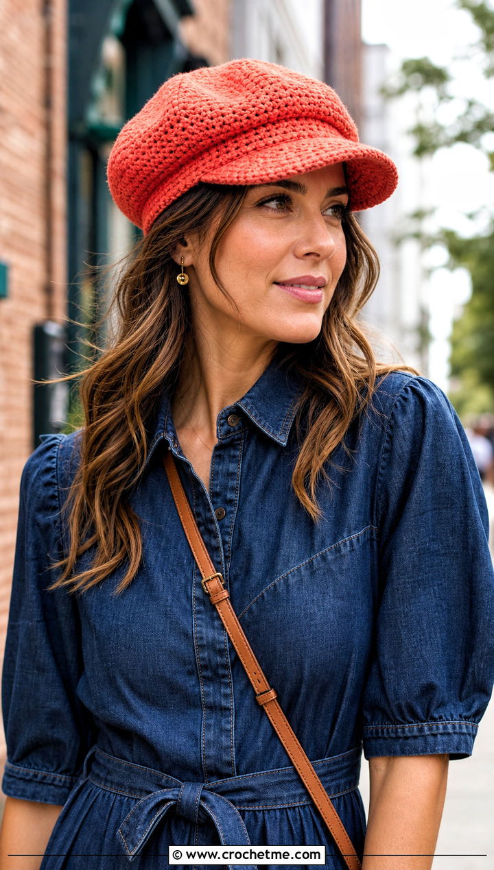 Single Stitch Crochet Newsboy Cap With Denim Dress - 15 Single Stitch Crochet Hat outfit ideas