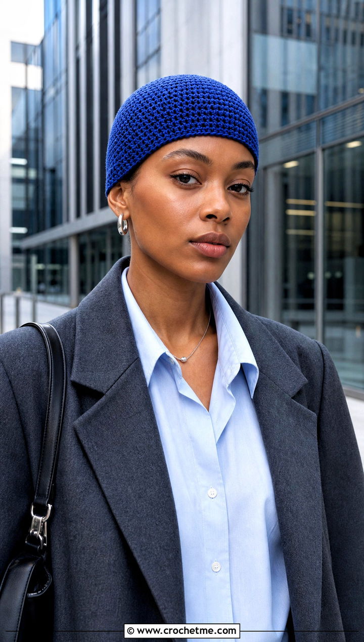 Single Stitch Crochet Skull Cap With Blazer - 15 Single Stitch Crochet Hat outfit ideas