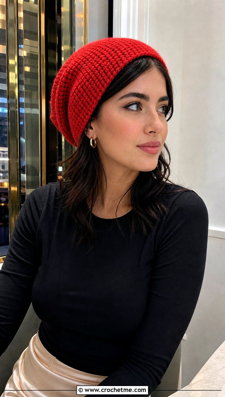 Single Stitch Crochet Slouchy Beanie With Satin Skirt - 15 Single Stitch Crochet Hat outfit ideas