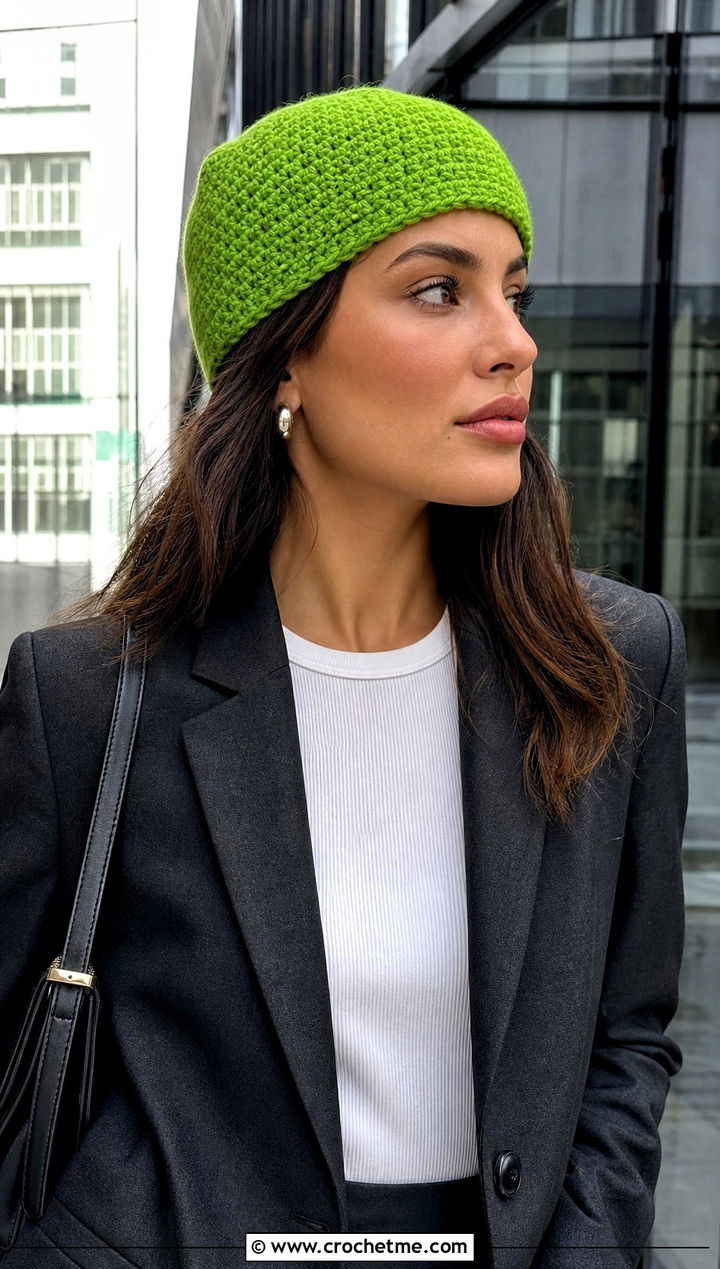 Single Stitch Crochet Toque With Tailored Suit - 15 Single Stitch Crochet Hat outfit ideas