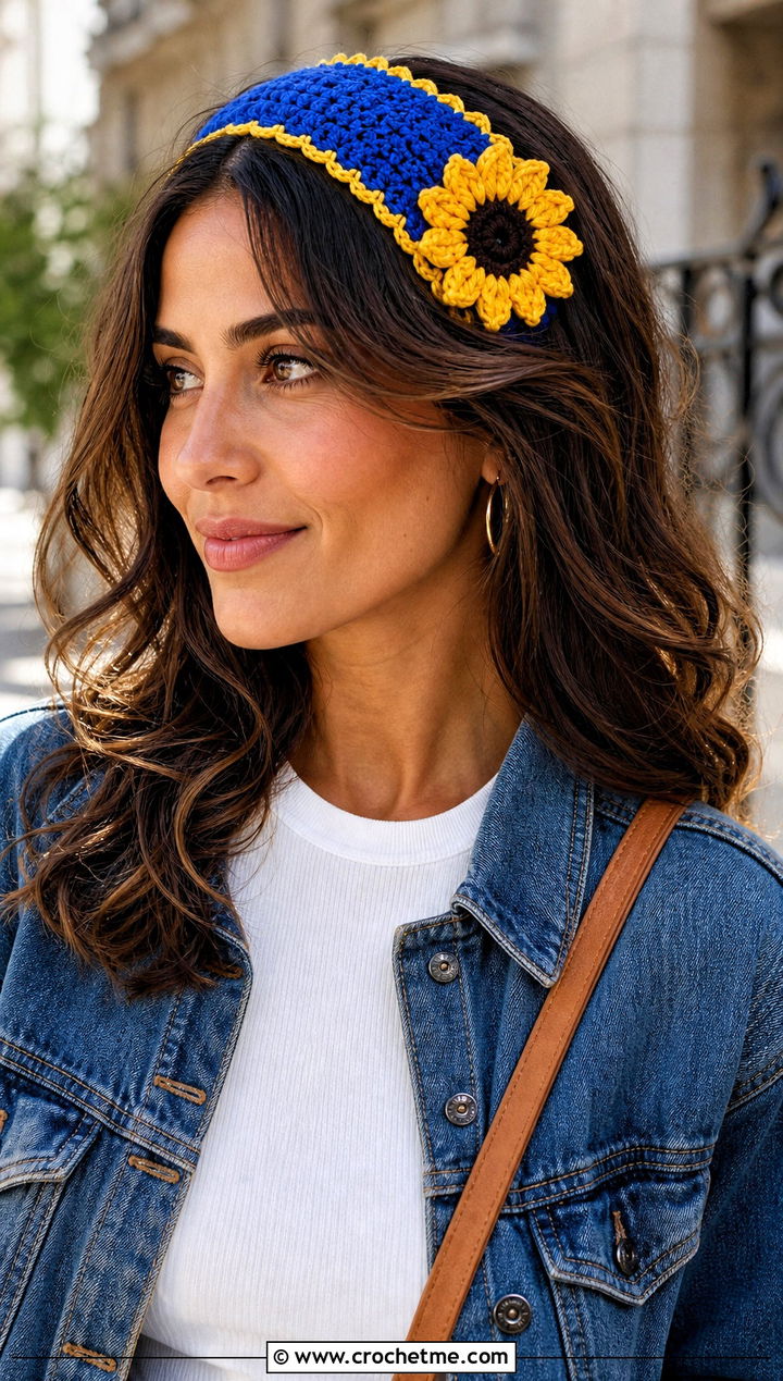 Single Sunflower Tie Back Headband With Jeans - 25 Crochet Sunflower Headband outfit ideas