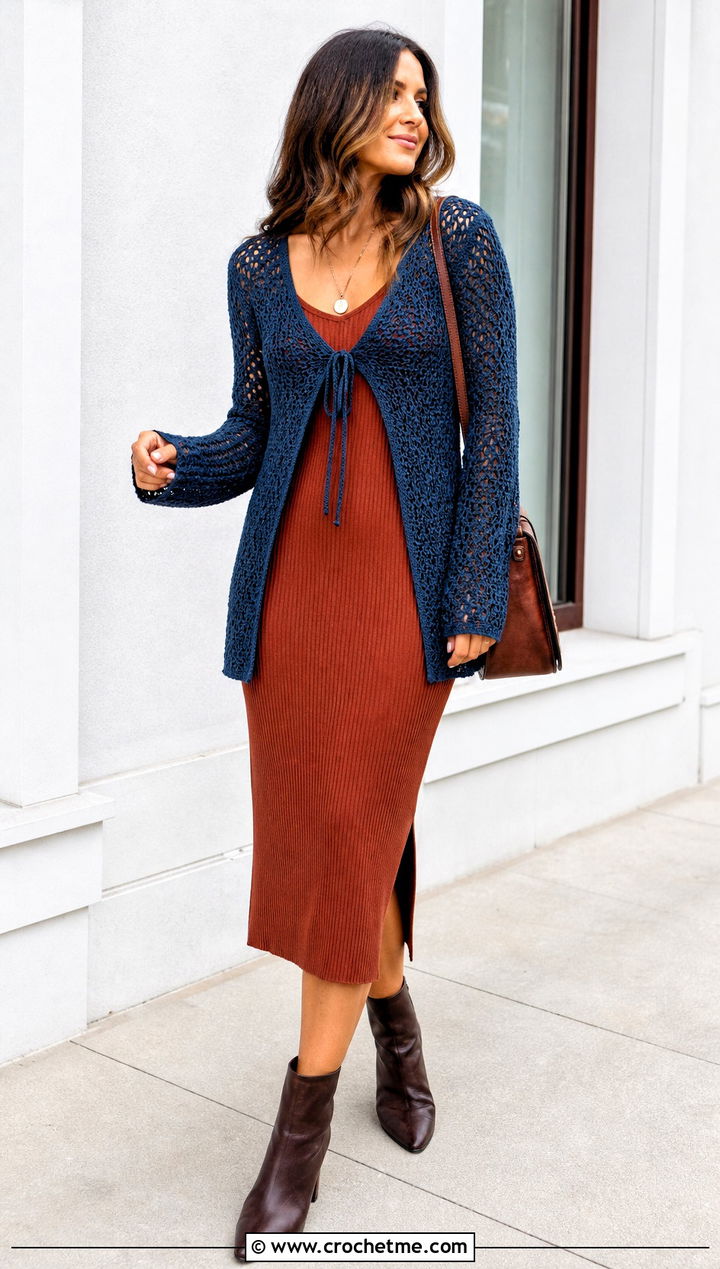 Single Tie Crochet Cardigan With Ribbed Knit Dress - 35 crochet tie cardigan outfit ideas