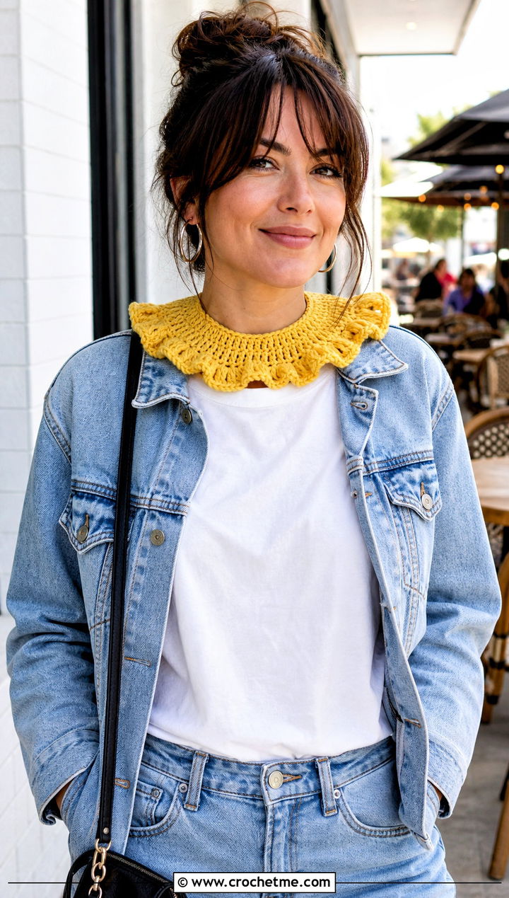 Single Tier Clown Crochet Ruffle Collar With Denim Jacket - 25 Clown Crochet Ruffle Collar outfit ideas