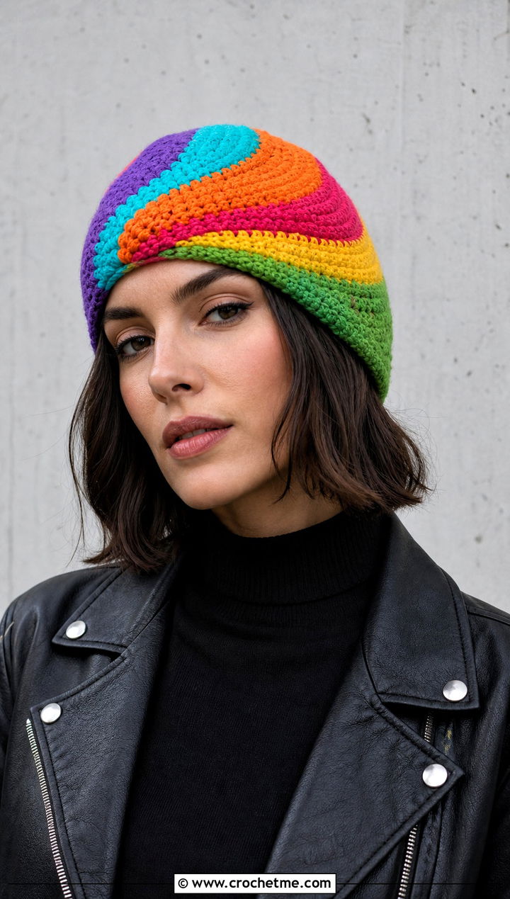 Six Color Spiral Crochet Hat With Leather Jacket - 25 Spiral Crochet Hat outfit ideas