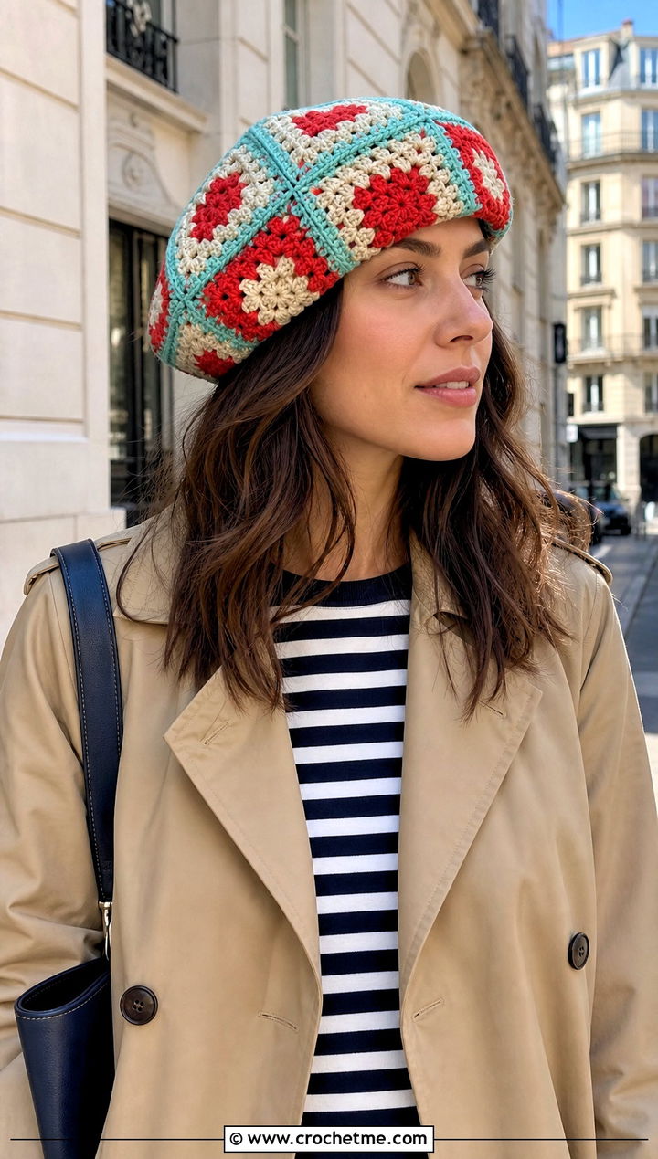 Six Square Crochet Granny Square Beret With Trench Coat - 25 Crochet Granny Square Beret outfit ideas