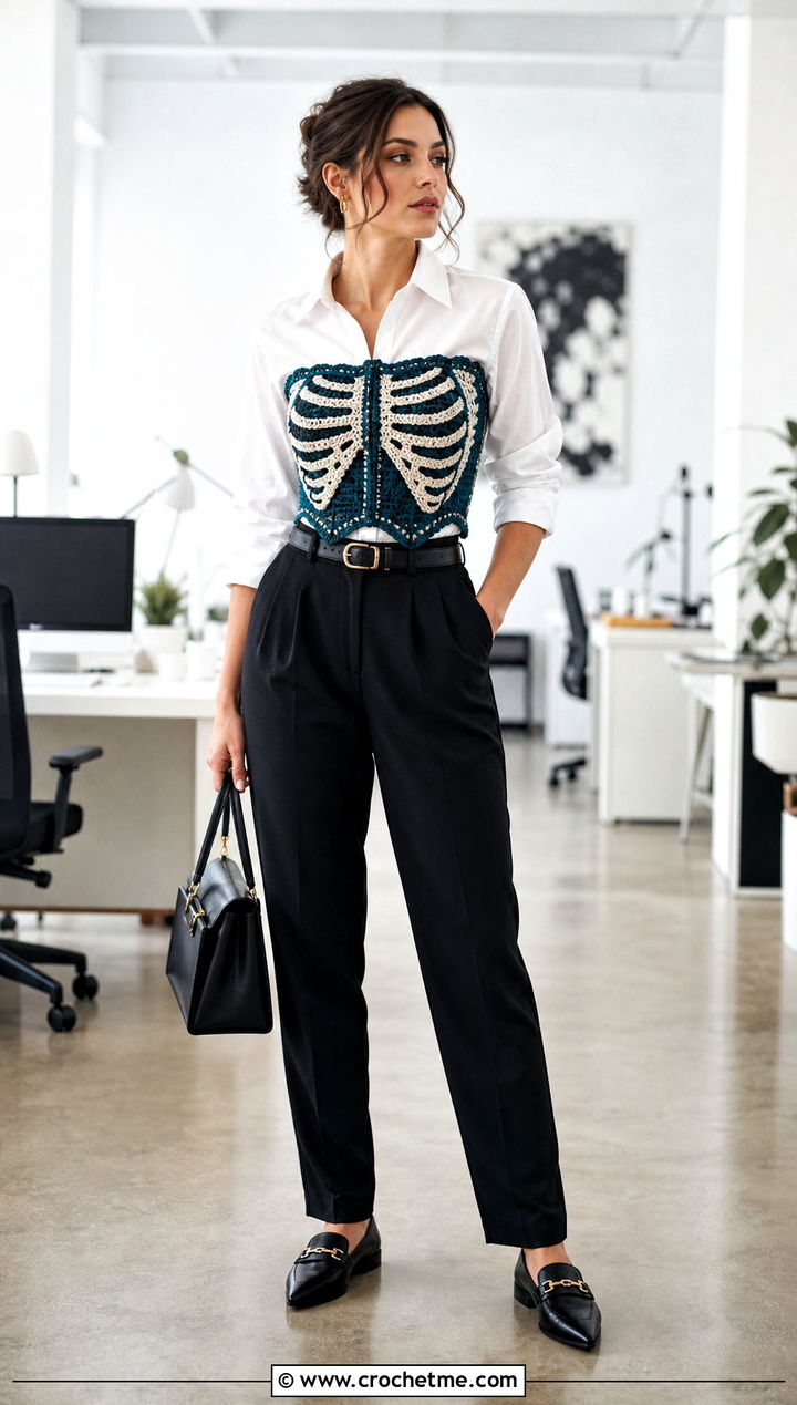 Skeleton Crochet Corset Top With Tailored Trousers - 35 halloween crochet clothes and outfit ideas