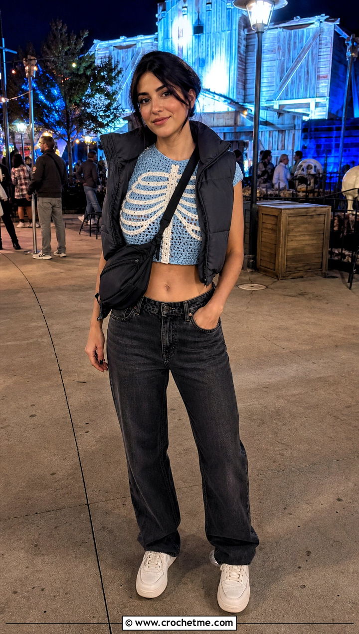 Skeleton Crochet Crop Top With Straight Leg Jeans - 20 halloween crochet crop top outfit ideas