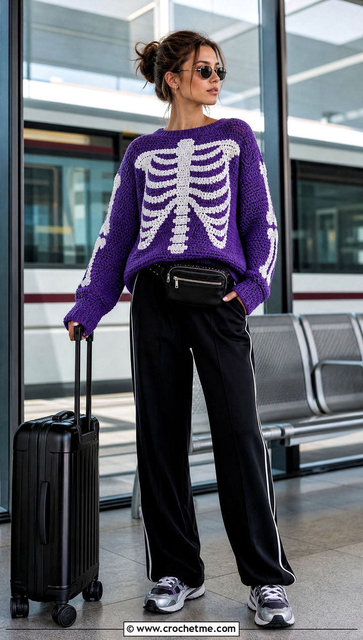 Skeleton Crochet Halloween Sweater With Track Pants - 35 Crochet Halloween Sweater outfit ideas