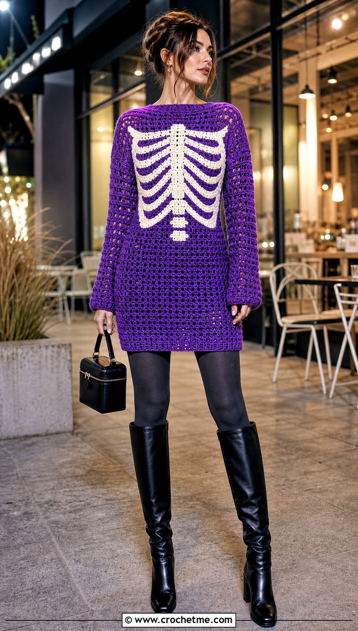 Skeleton Crochet Sweater Dress With Tall Boots - 35 halloween crochet clothes and outfit ideas