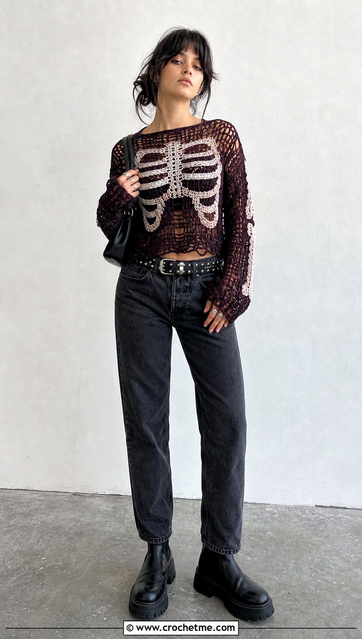 Skeleton Motif Crochet Grunge Sweater With Black Denim - 30 crochet grunge sweater outfit ideas