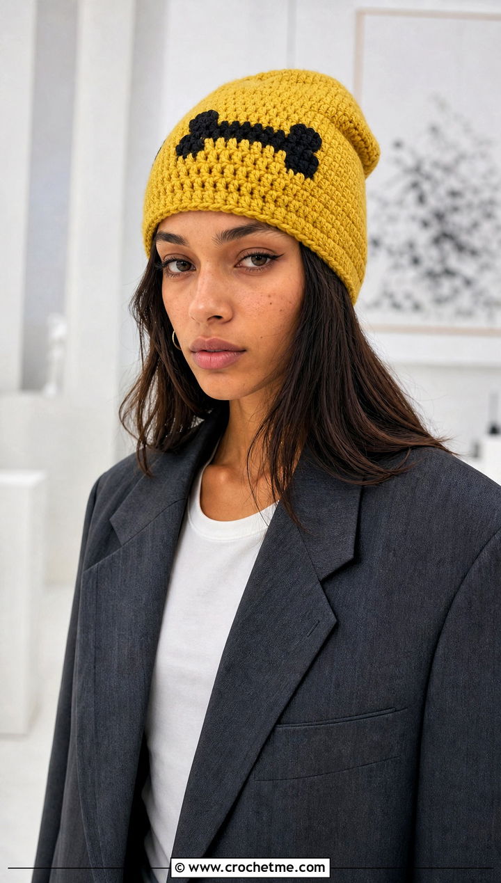 Skeleton Stitch Beanie With Wide Leg Suit - 25 Halloween Crochet Beanies outfit ideas
