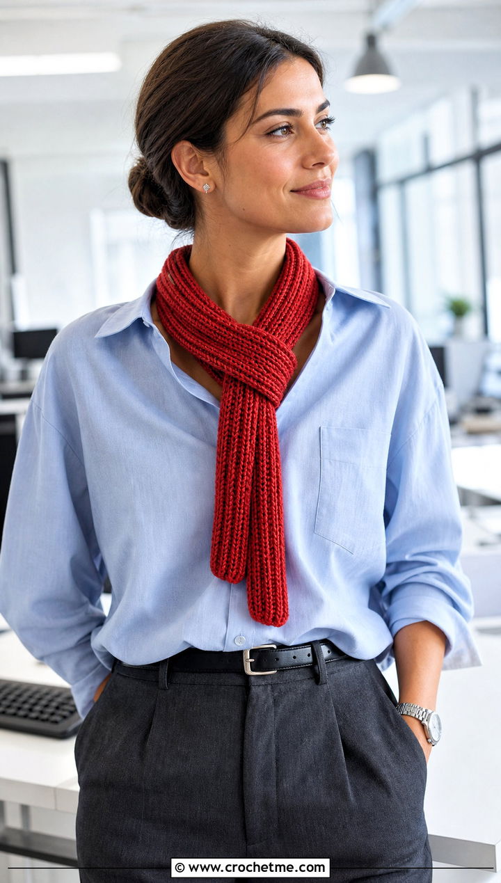 Skinny Brioche Crochet Scarf With Shirt And Trousers - 25 Brioche Crochet Scarf outfit ideas