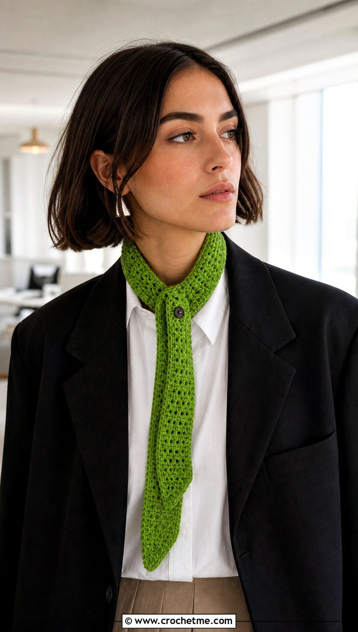 Skinny Button Crochet Scarf With Blazer And Skirt - 15 Button Crochet Scarf outfit ideas