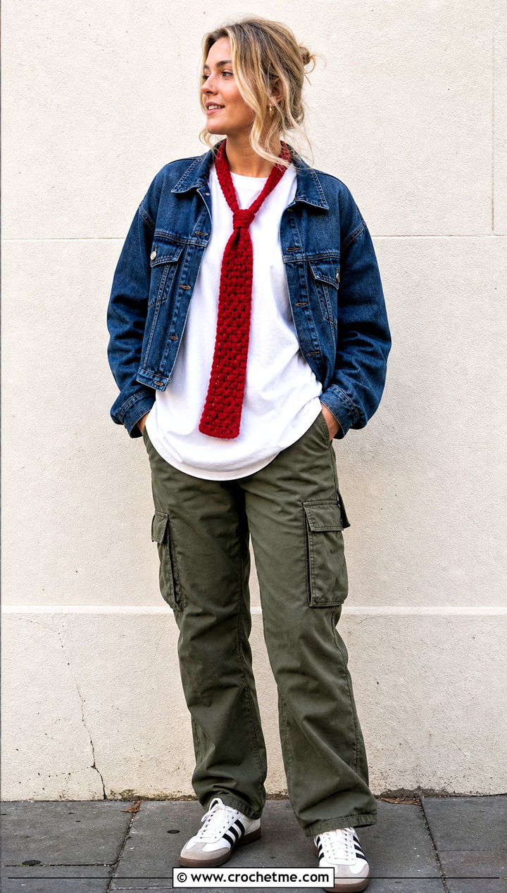 Skinny C C Scarf With T Shirt And Cargo Pants - 35 c2c crochet scarf outfit ideas