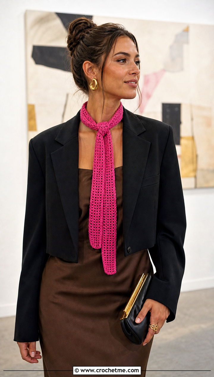 Skinny Candy Scarf With Satin Midi Dress - 15 crochet candy scarf outfit ideas