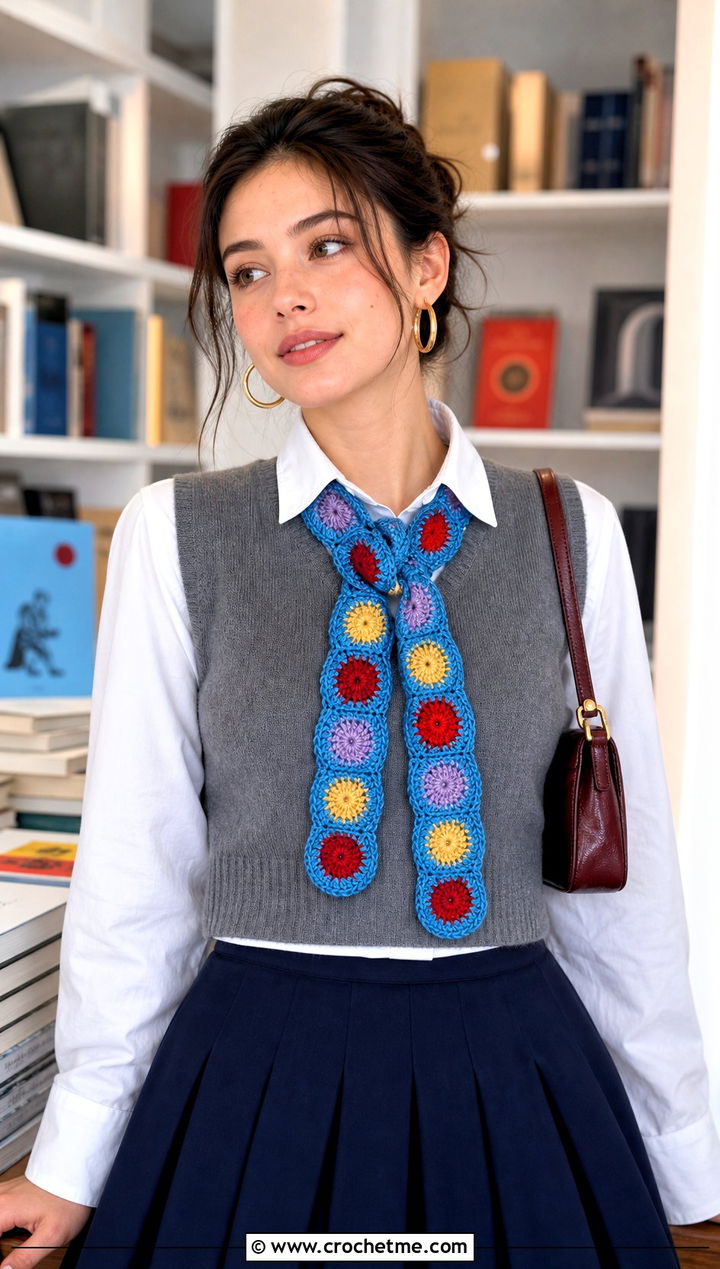 Skinny Colorful Circle Crochet Scarf With Sweater Vest And Pleated Skirt - 15 crochet scarf with colorful circles outfit ideas