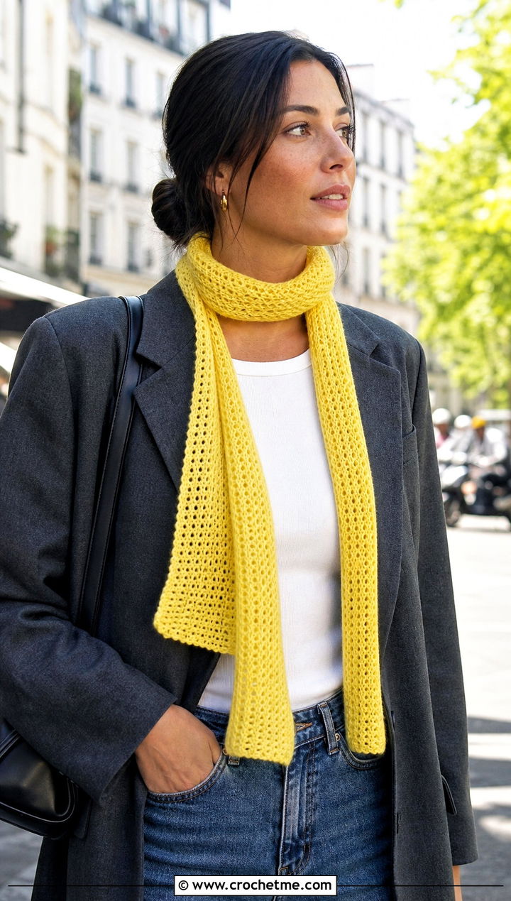 Skinny Crochet Cashmere Scarf With Blazer And Jeans - 25 crochet cashmere scarf outfit ideas