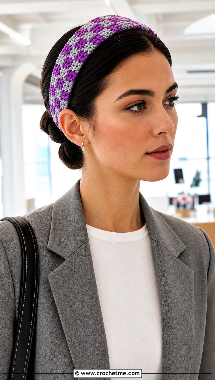 Skinny Crochet Checkered Headband With Blazer And Trousers - 25 crochet checkered headband outfit ideas