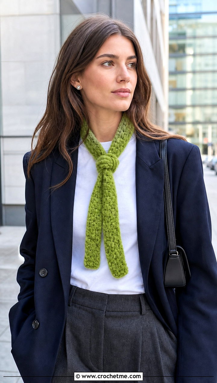 Skinny Crochet Chenille Scarf With Blazer - 25 crochet chenille scarf outfit ideas