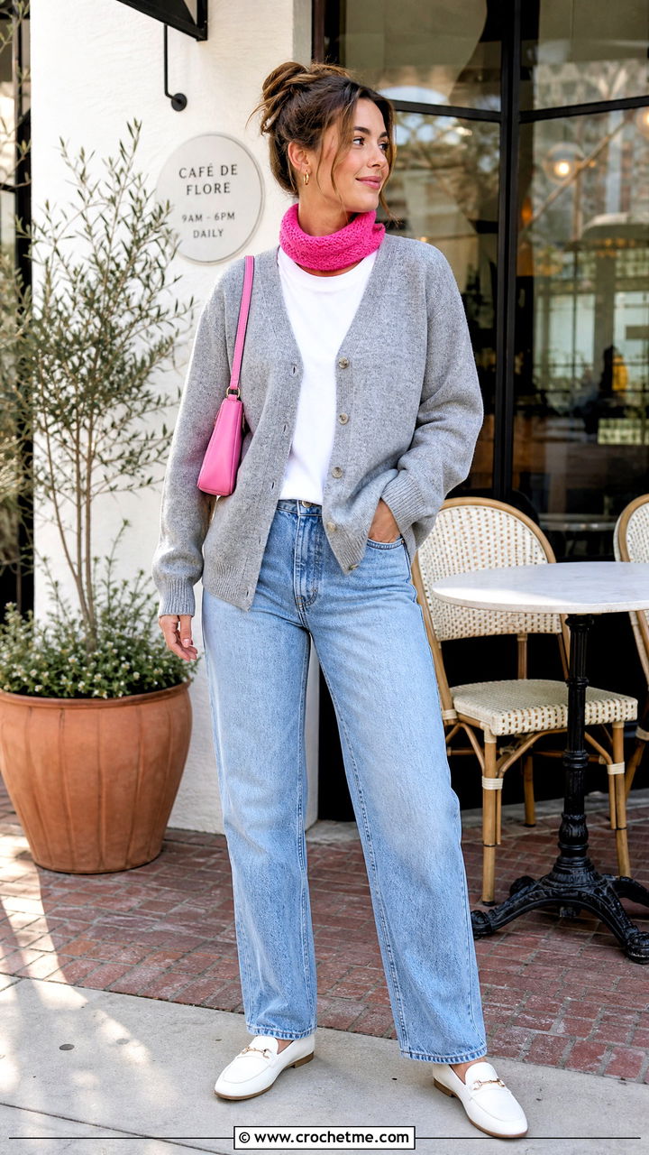 Skinny Crochet Cowl Neck Warmer With Cardigan And Jeans Outfit - 35 crochet cowl neck warmer outfit ideas