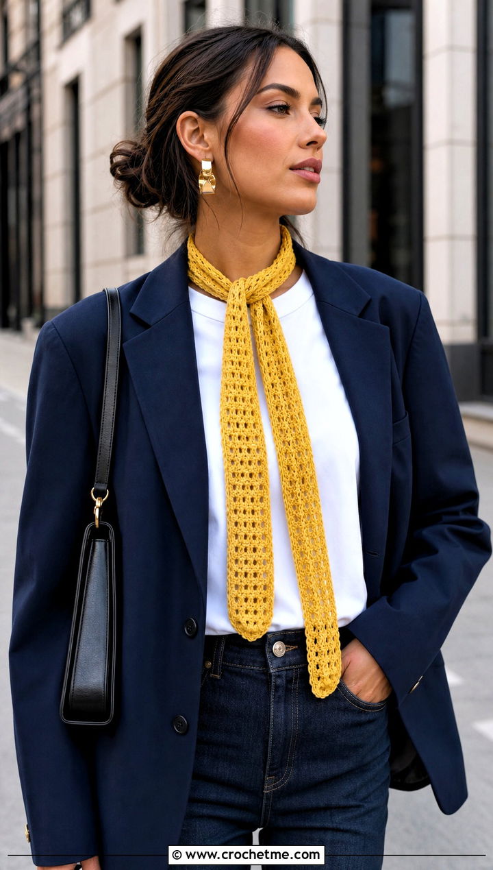 Skinny Crochet Fall Scarf With Blazer And Jeans - 15 Crochet Fall Scarf outfit ideas