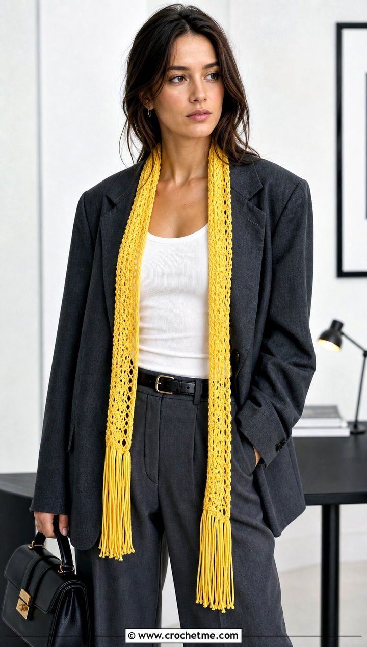 Skinny Crochet Fringe Scarf With Blazer - 25 Crochet Scarf Fringe Ideas