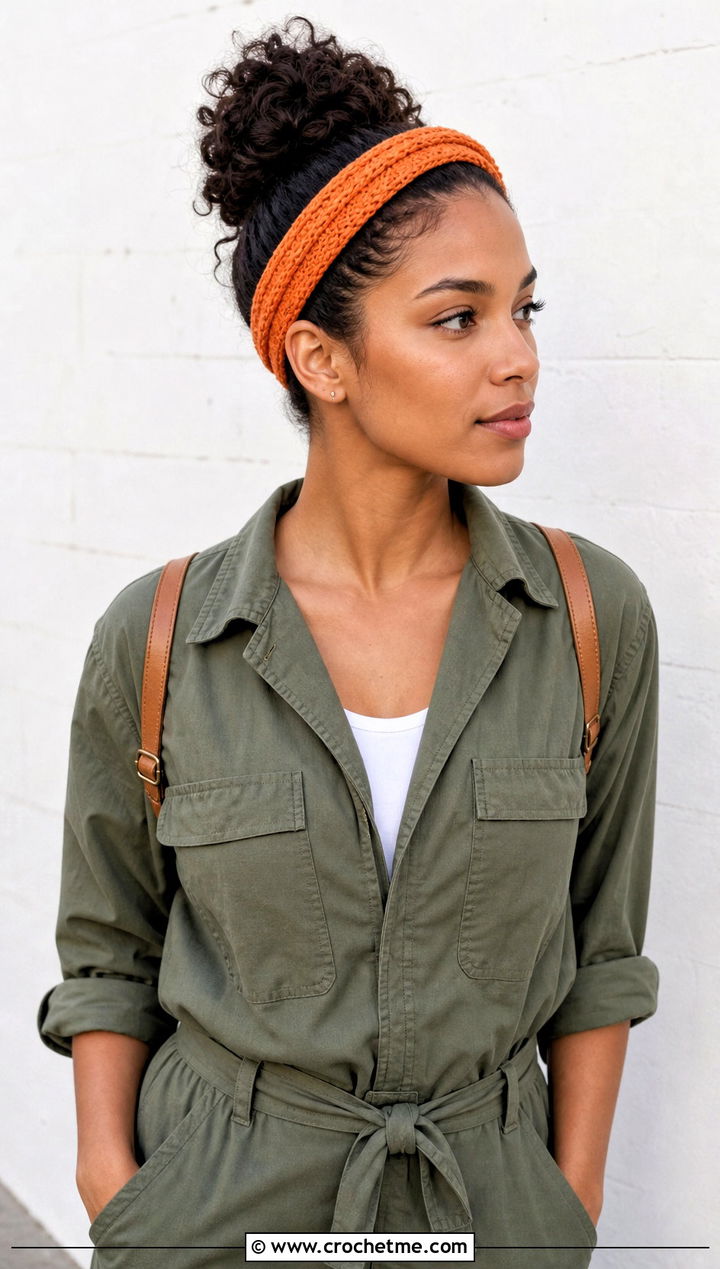 Skinny Crochet Headband With Utility Jumpsuit And Sneakers - 30 simple crochet head bands outfit ideas