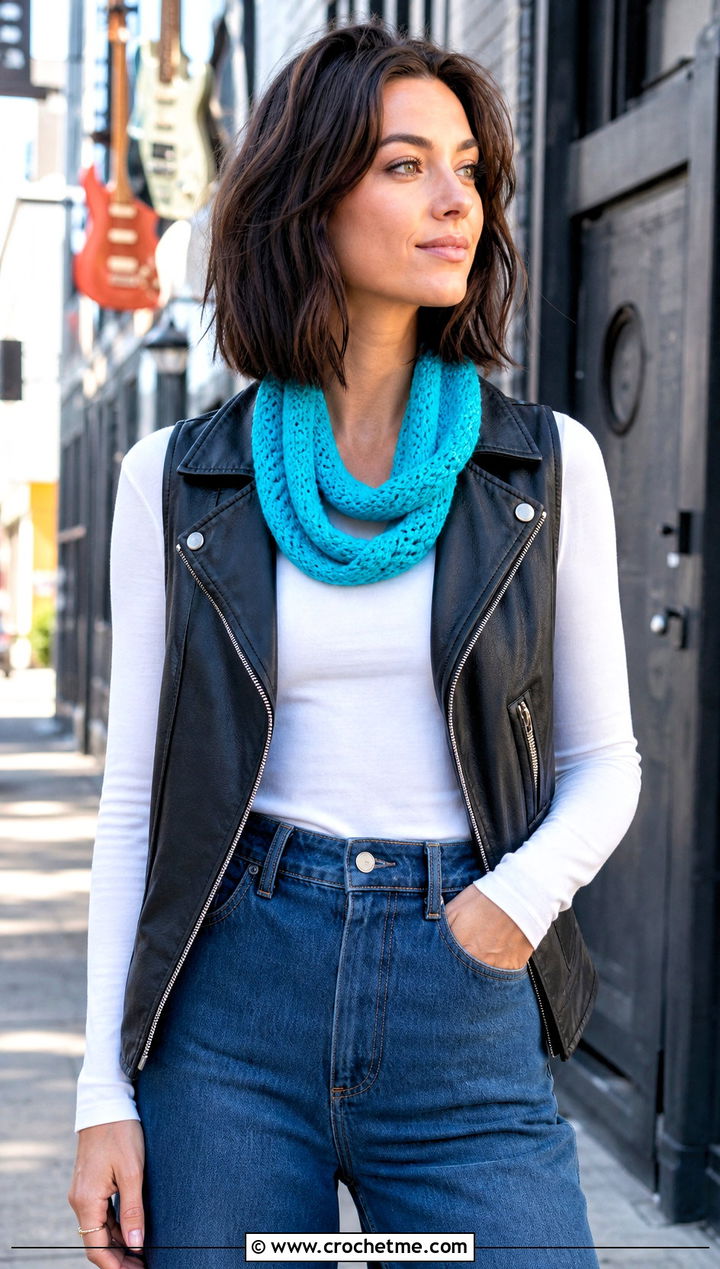 Skinny Crochet Infinity Scarf With Moto Vest - 30 easy crochet infinity scarf outfit ideas
