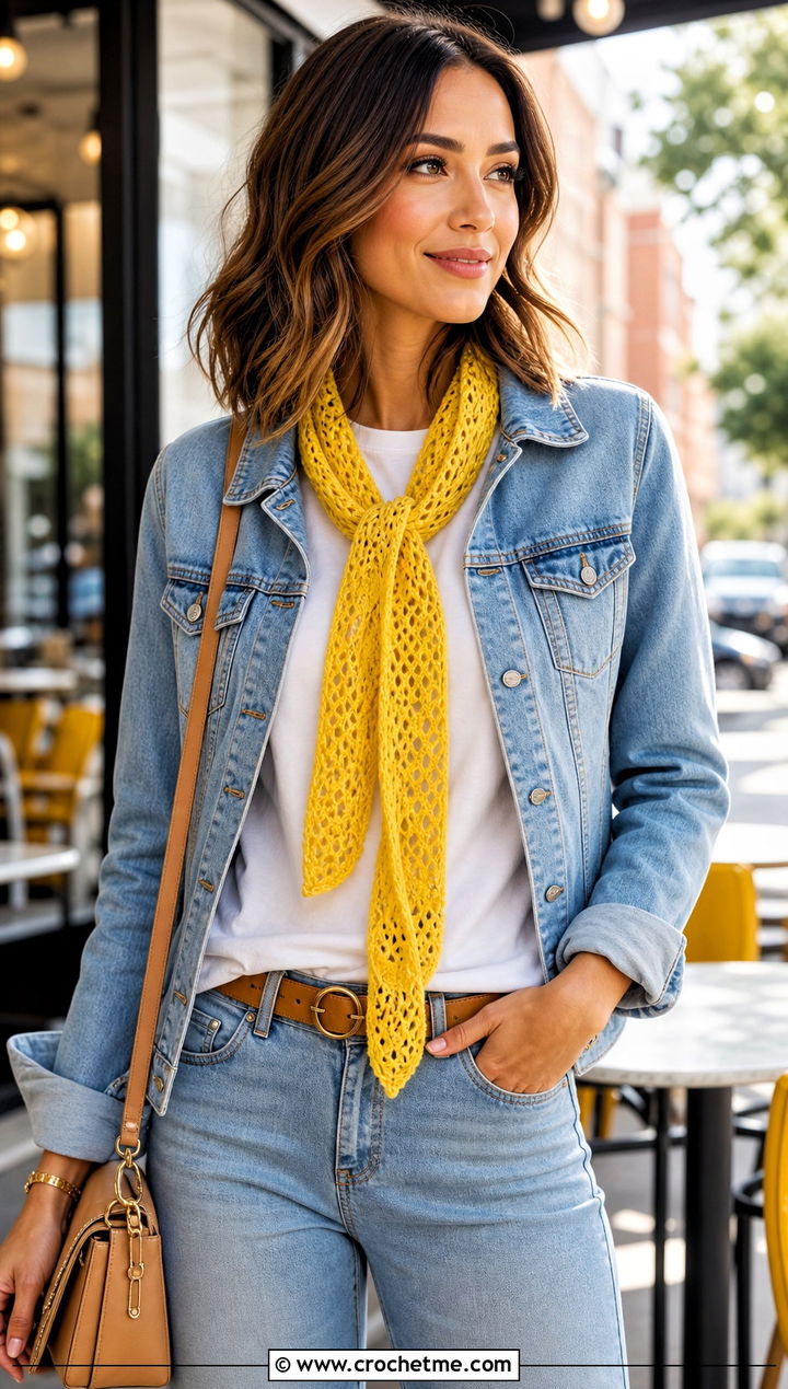 Skinny Crochet Lace Scarf With T Shirt And Jeans - 30 easy crochet lace scarf outfit ideas