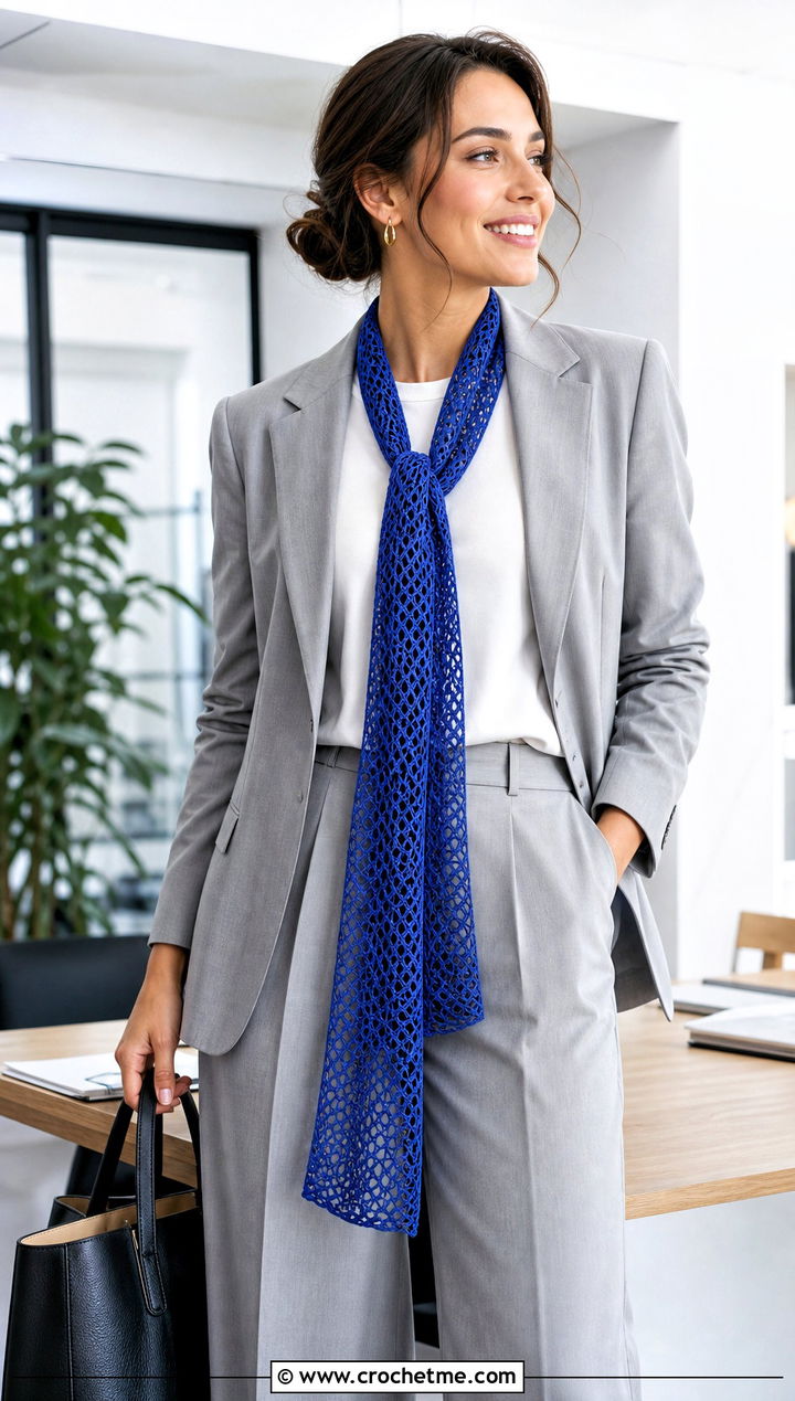Skinny Crochet Mesh Scarf With Blazer And Trousers - 25 Crochet Mesh Scarf outfit ideas