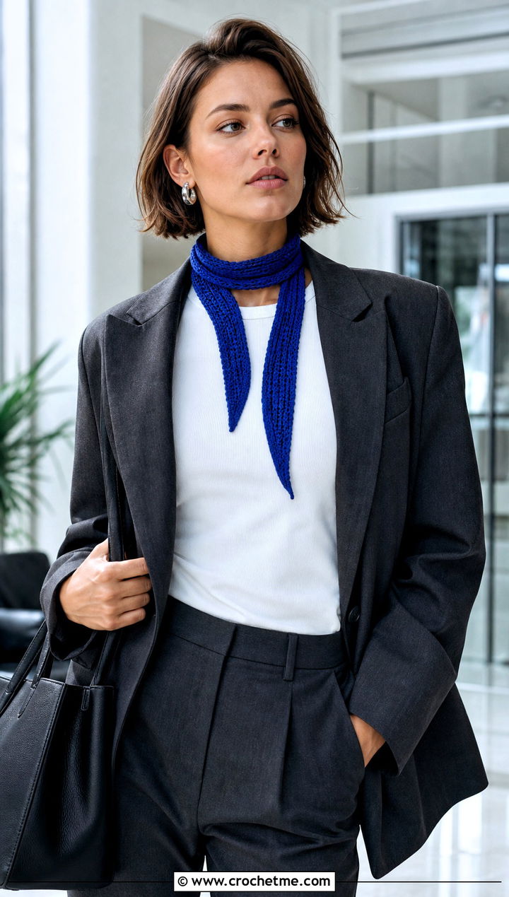 Skinny Crochet Mini Scarf With Blazer And Trousers - 30 mini crochet scarf outfit ideas