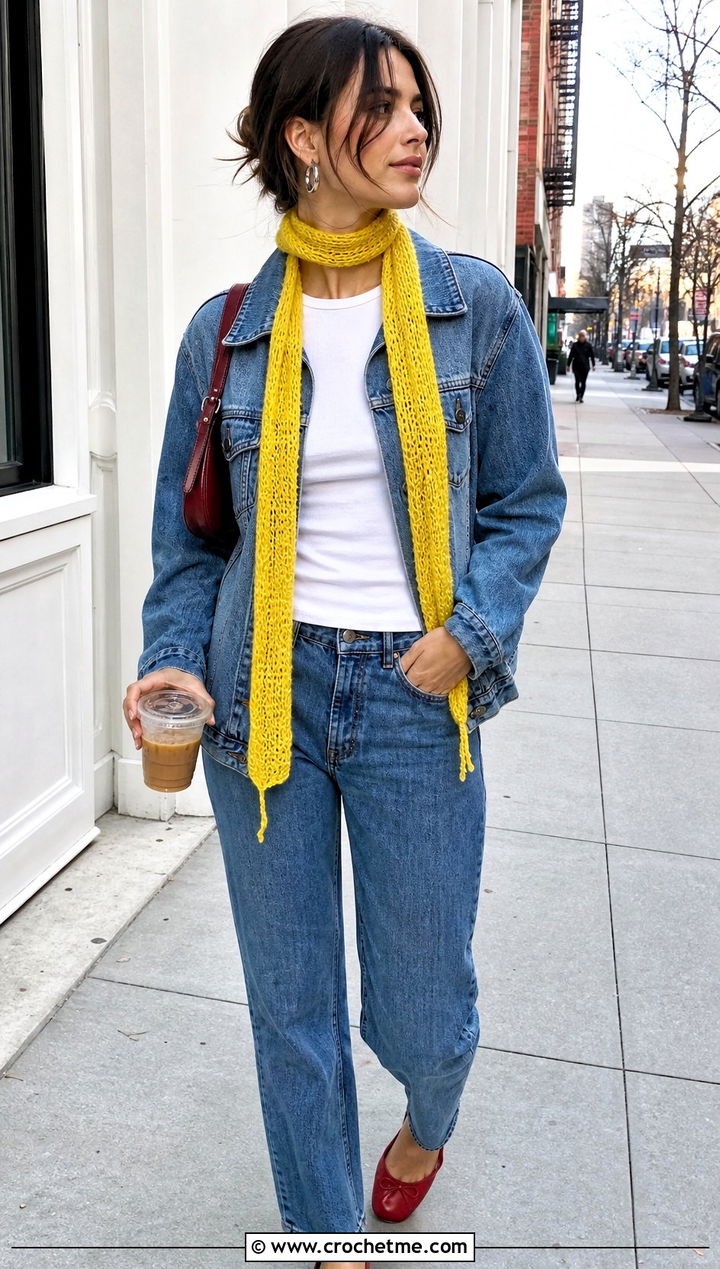 Skinny Crochet Mohair Scarf With Denim Jacket - 30 crochet mohair scarf outfit ideas