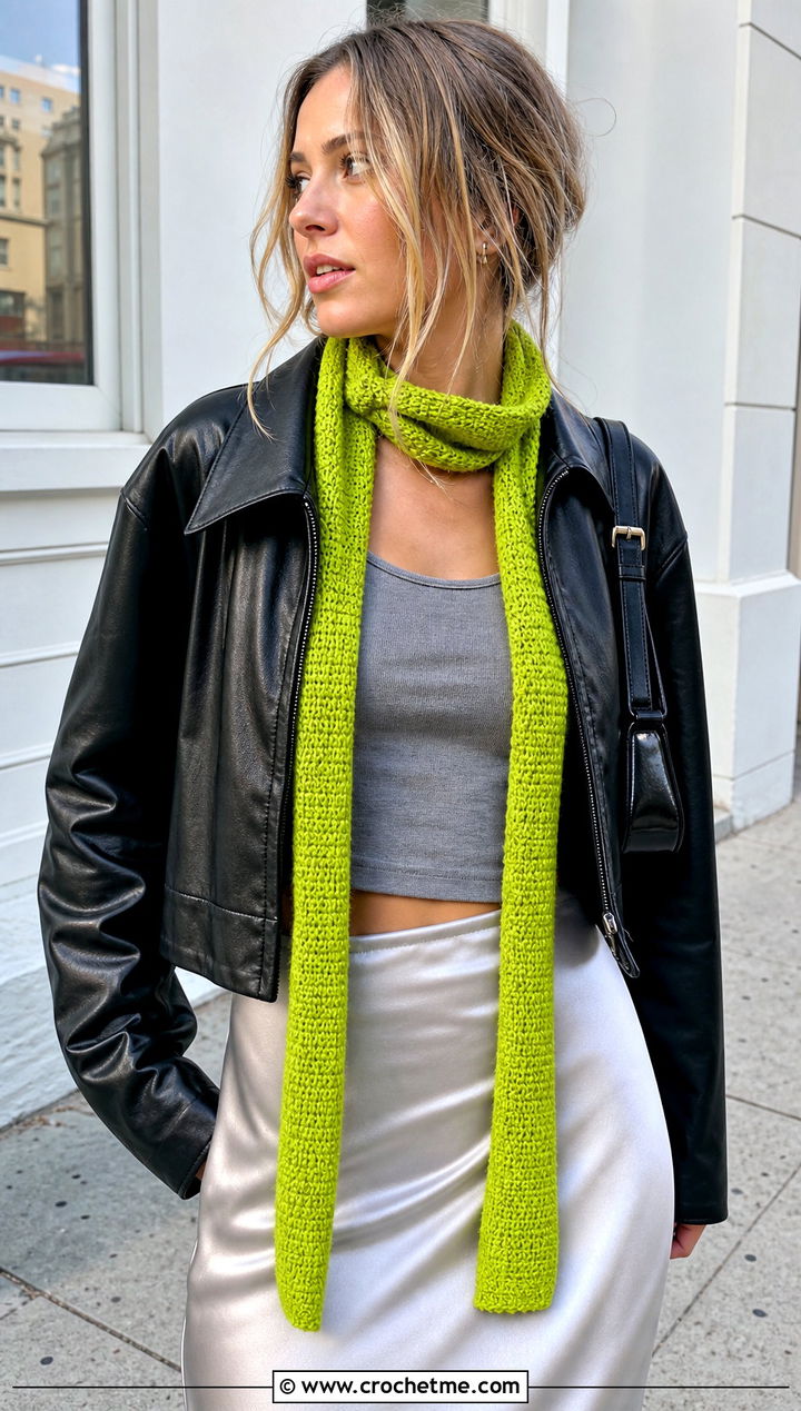 Skinny Crochet Mood Scarf With Leather Jacket And Slip Skirt - 15 Crochet Mood Scarf outfit ideas