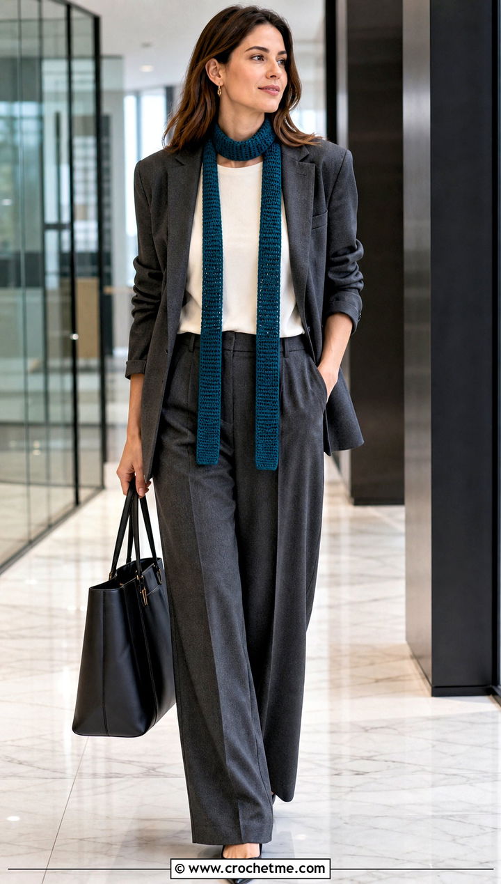 Skinny Crochet Pencil Scarf With Blazer And Tailored Trousers - 35 crochet mini scarf outfit ideas