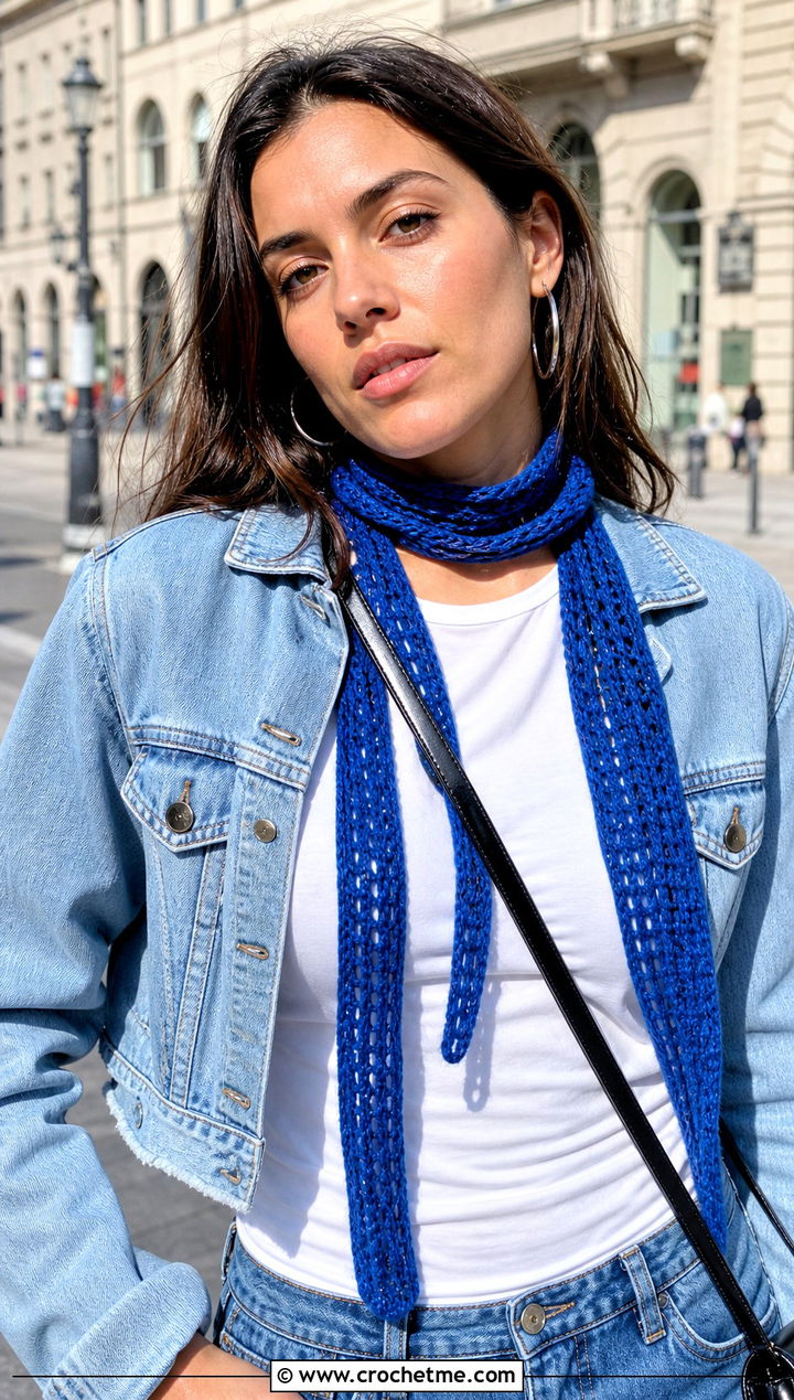 Skinny Crochet Ribbon Scarf With T Shirt And Jeans - 15 Crochet Ribbon Scarf outfit ideas